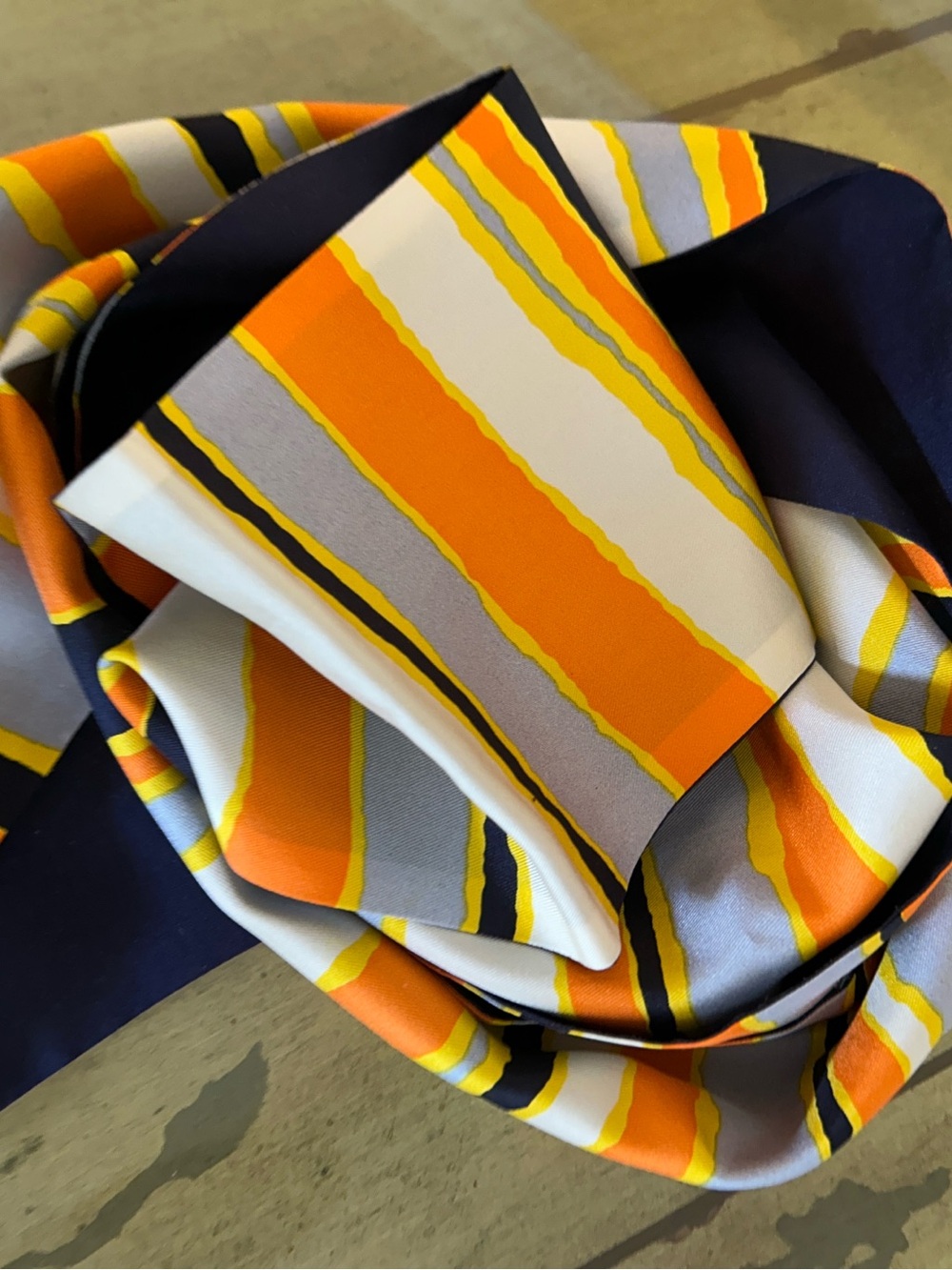 Orange Yellow Navy Striped Satin Scarf 4“ x 62“